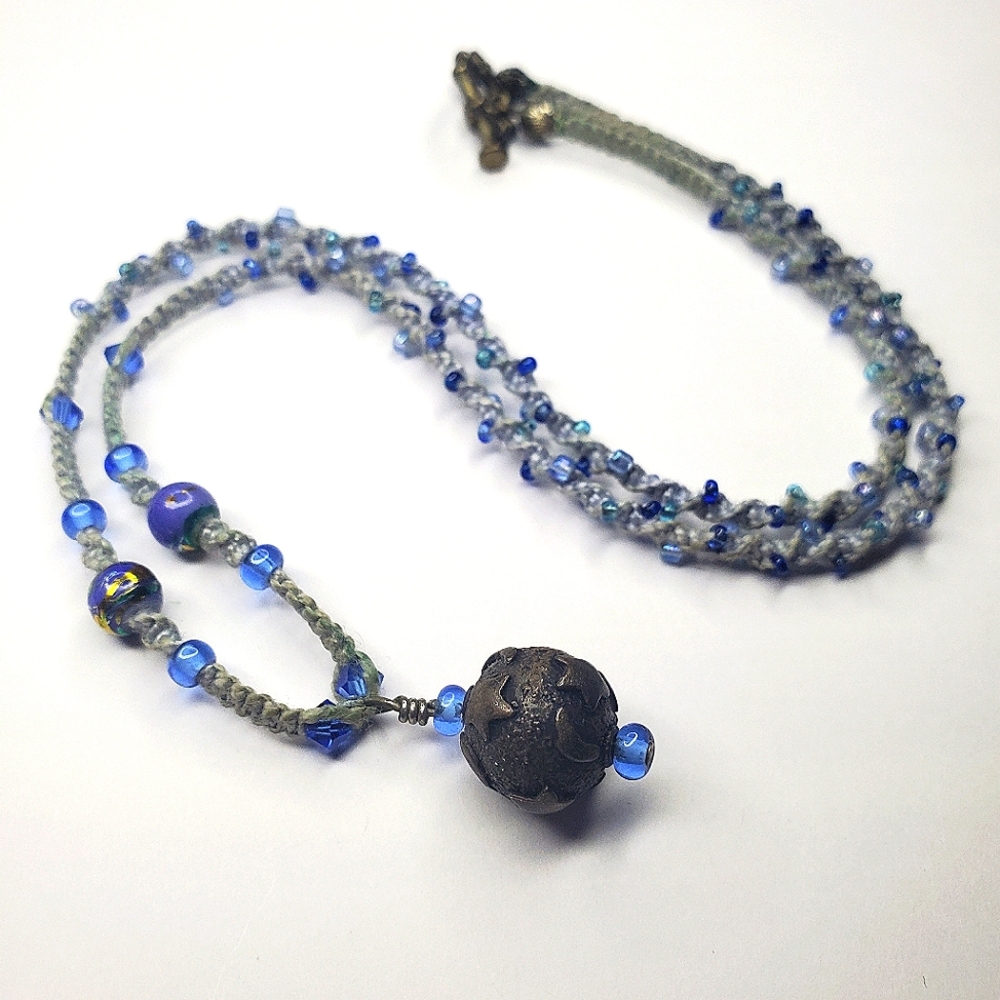 Blue Necklace w/ Moon & Stars Pendant